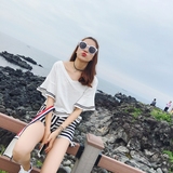 2016夏季新款韩版显瘦喇叭袖V领t恤女 宽松条纹拼接短款白色上衣