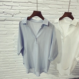 韩国棉麻短袖衬衣夏季女装上衣 韩范宽松白色蝙蝠袖前短后长衬衫