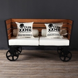 法式乡村复古铁艺实木沙发椅美式咖啡厅卡座工业风格轮子沙发长椅