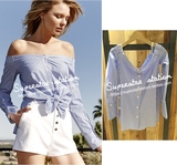 北美设计16夏 女蓝色长袖纯棉单排扣条纹一字露肩蝴蝶结衬衫