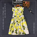 夏季清新柠檬印花A字连衣裙 小V领高腰显瘦甜美女装 时尚裙子潮