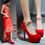 春秋红鞋水钻绑带新娘鞋细跟单鞋红色婚鞋女士高跟结婚鞋子婚纱鞋