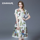 ZIMMUR2016夏季新款女装圆领短袖欧美气质修身中长款印花连衣裙夏