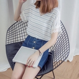 2016夏季女装新款时尚韩版百搭宽松气质学生条纹V领短袖T恤上衣女