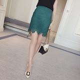 2016韩版高腰波点蕾丝半身裙包臀裙纯色波浪下摆修身显瘦中裙子