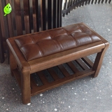 新品实木换鞋凳 新中式胡桃木色床尾凳鞋架床前凳穿鞋凳真皮长凳