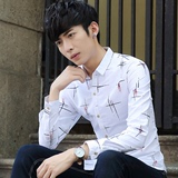 夏季薄款衬衫男长袖衬衣修身青年韩版男士时尚衣服男装印花寸衫潮