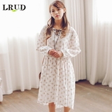 LRUD2016秋季新款韩版领口系带宽松印花连衣裙女中长款长袖娃娃裙