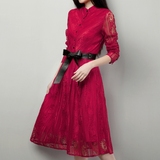 2016春装新款女装立领长袖OL气质修身镂空打底红色蕾丝连衣裙长裙
