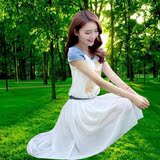 春夏季韩版大码时尚修身显瘦短袖中长款收腰雪纺衫连衣裙女装单件