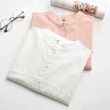 韩版春秋新款立领衬衫女 宽松纯棉百搭纯色蝙蝠长袖衬衣白色粉色