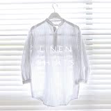 韩国代购男装竖条纹混色纽扣套头立领透气薄款宽松七分短袖衬衫