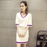 新款女装2016韩版休闲套装裙女夏 五分袖v领针织两件套包臀裙子潮