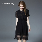 ZIMMUR2016夏季新款女装圆领短袖中腰蕾丝雪纺拼接时尚流苏连衣裙