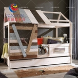 七彩创意家具定制复古美式创意儿童实木房子造型树屋床男孩单人床