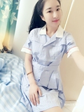 Silou家2016S/S宋慧乔同款清新蓝白条纹收腰不规则短袖衬衫连衣裙
