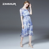 ZIMMUR2016夏装新款女装圆领灯笼袖欧美时尚气质长裙印花连衣裙夏