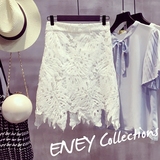 ENEY韩式简约纯白色镂空白裙气质蕾丝包裙中裙刺绣花朵纯色半身裙