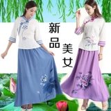 棉麻唐装中式汉服女装中国风盘扣7分袖民国改良旗袍上衣短款手绘
