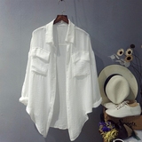 韩版中长款口袋宽松大码长袖上衣雪纺白衬衫女衬衣薄款透视防晒衣