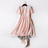 Muse.CX高端原创设计 2016夏新款V领修身定制睫毛蕾丝连衣裙中裙
