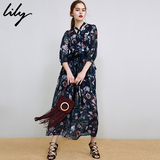 Lily2016秋新款女装时尚印花七分袖修身长款连衣裙116310C7109