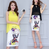 韩版2016夏季新款套装显瘦无袖上衣美女卡通名媛包臀连衣裙两件套