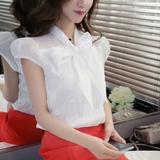 韩国夏装新款优雅气质雪纺衫短袖宽松刺绣蝴蝶结薄纱仙女上衣小衫
