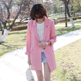 2016夏季新品亚麻小西装女韩版中长款粉色棉麻薄款西服外套女潮