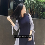 FINN2016秋装新款女装条纹连衣裙长袖韩版修身拼接裙子圆领中长款