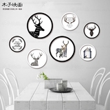 北欧麋鹿装饰画现代简约黑白创意有框画圆形挂画餐厅组合客厅壁画