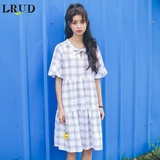 LRUD2016夏季新款韩版领口系带格子连衣裙女中长款荷叶边衬衫裙