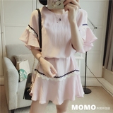 MOMO外贸 2016新款夏装女 韩版宽松人棉荷叶镶边藕粉色短袖连衣裙