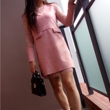2016春新款女装鹿皮绒连衣裙蕾丝拼接长袖圆领打底衫粉色打底裙