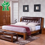 现代中式黑胡桃木床奢华真皮靠背全实木床1.8米双人床卧室家具