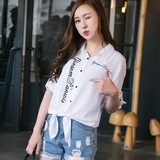 2016春夏新款韩版白衬衫长袖字母印花绑带时尚打底衫修身女士上衣