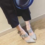 凉鞋女鞋夏季新款 韩版OL时尚性感绒面镂空尖头后系带细跟高跟鞋
