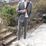 正品韩国男装代购灰色平驳领修身西服外套舒适休闲西裤西装套装