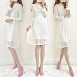 韩国代购2016春夏装新款韩版气质收腰显瘦气质中长款蕾丝连衣裙女