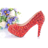 红色水晶鞋结婚鞋防水台超高跟鞋水钻新娘鞋女单鞋圆头细跟礼服鞋