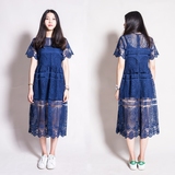 韩国2016夏季新款中长款短袖蕾丝连衣裙女修身显瘦镂空长裙两件套
