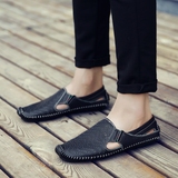 夏季韩版青年男士休闲皮鞋透气镂空真皮软底豆豆鞋英伦时尚驾车鞋