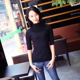 2016韩版正品秋装修身弹力纯色五分袖半高领毛衣针织衫百搭打底衫