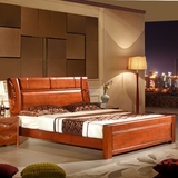 全实木床双人床纯实木1.8米大床婚床现代中式桃花心木真皮软靠床