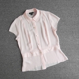 欧洲站原单 16夏装新款OL真丝衬衫女款纯色修身粉色蚕丝短袖上衣