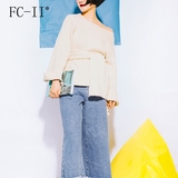 fcii春装新款两件套毛衣低圆领针织衫竖条纹套头衫性感围巾宽松女