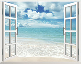 特价包邮墙贴假窗户山水海滩沙滩餐厅客厅房间装饰墙画贴纸玻璃