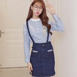 韩国代购16春装新款条纹百搭甜美学院风衬衫女长袖短款上衣衫韩版