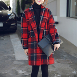 韩国代购秋冬装加厚夹棉红格子毛呢外套女韩版中长款呢子大衣冬季