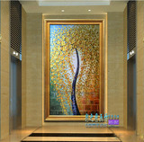欧式纯手工绘画玄关装饰油画金色发财树竖版客厅背景墙楼梯过道画